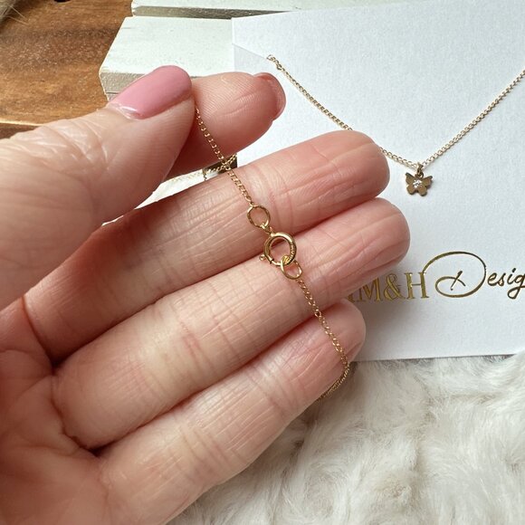 New Dainty 14k Yellow Gold Filled Tiny Butterfly Pendant on Fine Chain Necklace - Picture 4 of 4